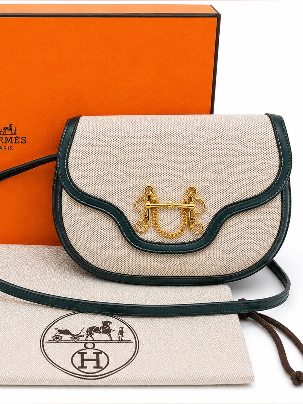 Hermès Sologne Canvas & Forest Green Leather Shoulder Bag Gold Hardware France